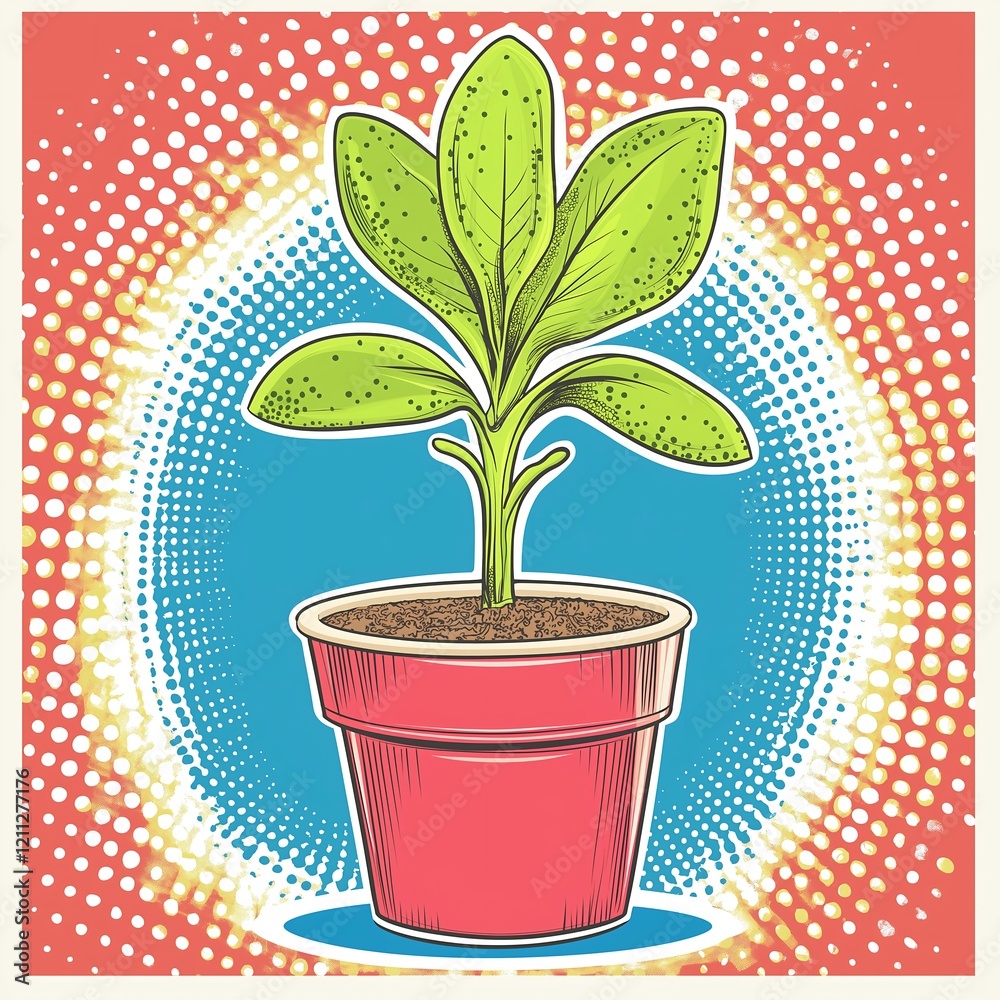 Obraz premium A colorful pop art poster showcases a striking potted plant at the center, designed with bold outlines and vibrant hues. The captivating gardening theme adds a lively touch to any space