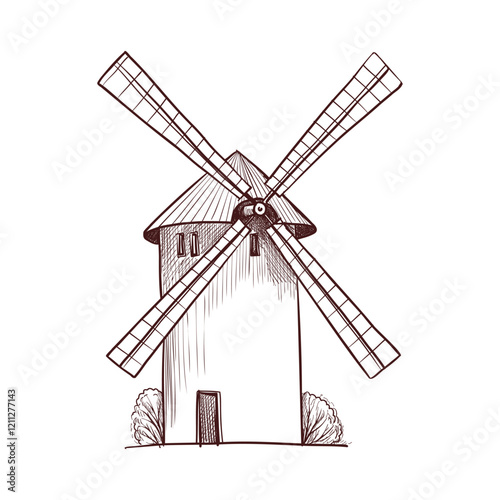vector drawing sketch of windmill, vintage element, hand drawn illustration