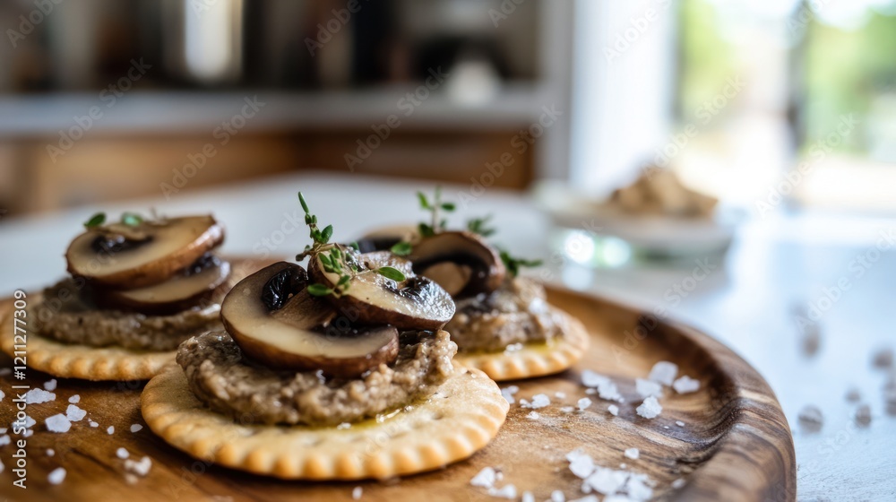 Fototapeta premium Mushrooms appetizer, crispy cracker with mushroom mousse or pate and fried mushroom at top, finger-food or mini snack closed-up photo, AI generated