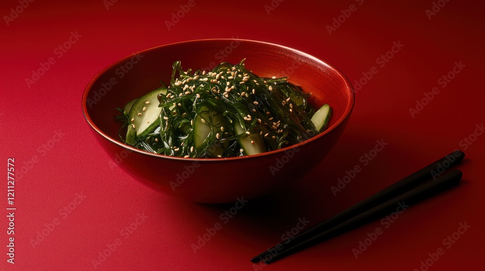 Asian style green salad with seaweeds - wakame, nori, kombu and cucumbers, served in ceramic bowl, minimalistic modern composition, food photo, background with copy space, AI generated Asian style green salad with seaweeds - wakame, nori, kombu and cucumbers, served in ceramic bowl, minimalistic modern composition, food photo, background with copy space, AI generated
