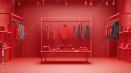Clothing store red room with clothes on hangers 3D rendering.