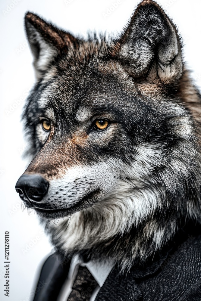 Fototapeta premium A stylish wolf dressed in a suit, isolate on white background, blending elegance with wildness.