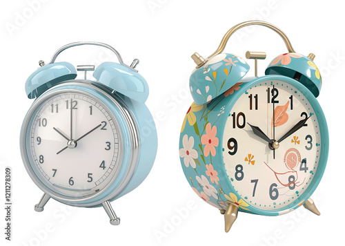 Set of clipart image of retro alarm clock 3d render  available PNG on white background