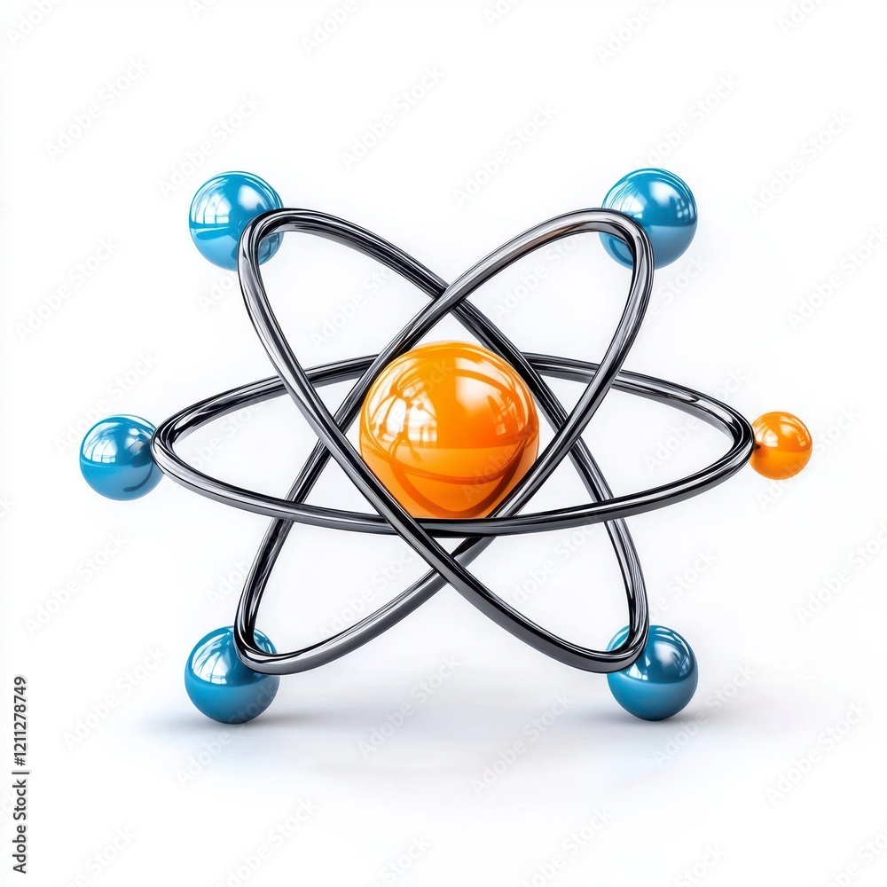 A stylized atomic model featuring an orange nucleus surrounded by blue electrons, symbolizing the fundamentals of chemistry and physics. A stylized atomic model featuring an orange nucleus surrounded by blue electrons, symbolizing the fundamentals of chemistry and physics.