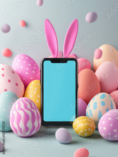 Mock up big phone screen and colorful easter eggs with bunny ears ,phone,easter,online,shopping,holiday,celebration,decoration,three-dimensional,easter egg,large 
