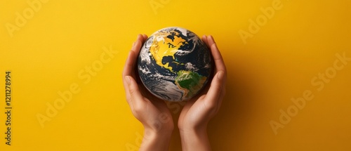 Minimalist Environmental Art Human Hands Cradling Miniature Planet on Bold Backdrop - Sustainability Awareness and Green Marketing for Eco-Friendly Campaigns photo