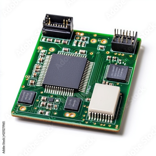 A compact electronic circuit board featuring various chips and connectors, designed for processing and communication in electronic devices.