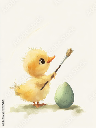 minimalistic cute adorable baby duckling ipainting an Easter egg with a painting brush, cartoon, watercolour, soft pastel colours, kid-lit style 