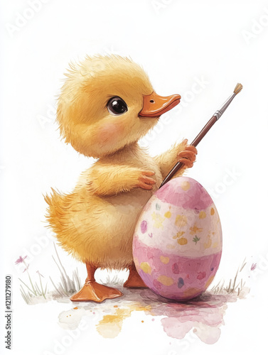 minimalistic cute adorable baby duckling ipainting an Easter egg with a painting brush, cartoon, watercolour, soft pastel colours, kid-lit style 