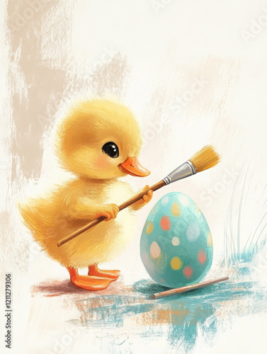 minimalistic cute adorable baby duckling ipainting an Easter egg with a painting brush, cartoon, watercolour, soft pastel colours, kid-lit style 