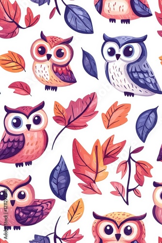 Wallpaper Mural A seamless pattern of flat style owls, isolate on white background, creating a decorative design. Torontodigital.ca