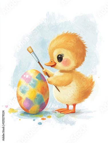 minimalistic cute adorable baby duckling ipainting an Easter egg with a painting brush, cartoon, watercolour, soft pastel colours, kid-lit style 
