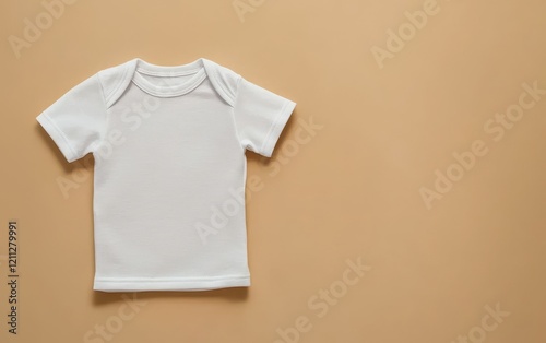 White t-shirt on a beige background, casual clothing for everyday wear. photo