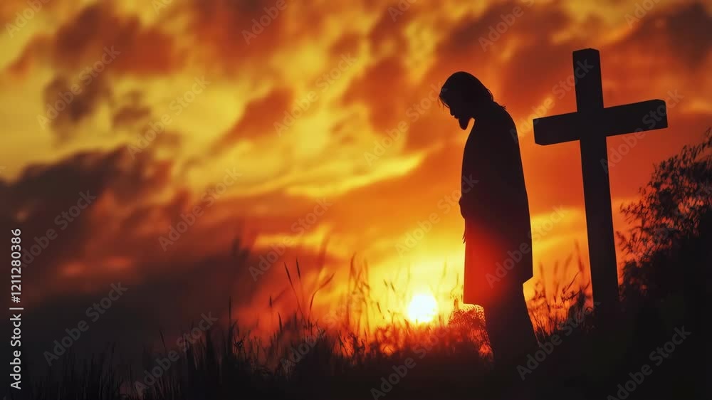 Silhouette of contemplative figure by cross at sunset in peaceful landscape