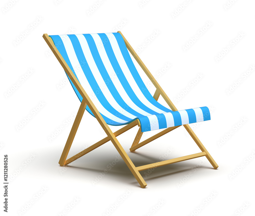 Wooden Framed Beach Chair with Blue and White Stripes on a White Background, 3d rendering Wooden Framed Beach Chair with Blue and White Stripes on a White Background, 3d rendering