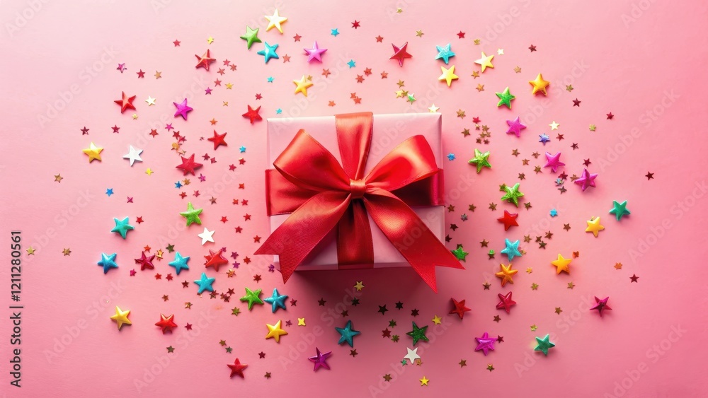 A Festive Pink Gift Box Adorned with a Vibrant Red Bow, Surrounded by Colorful Star-Shaped Confetti on a Delicate Pink Background
