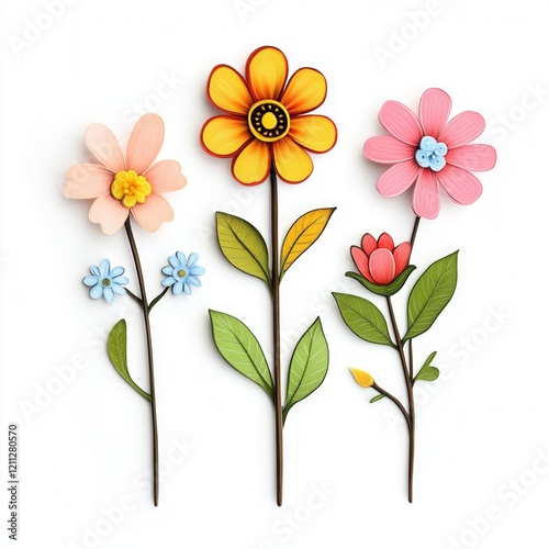 Colorful paper flowers, white background, spring design, greeting card