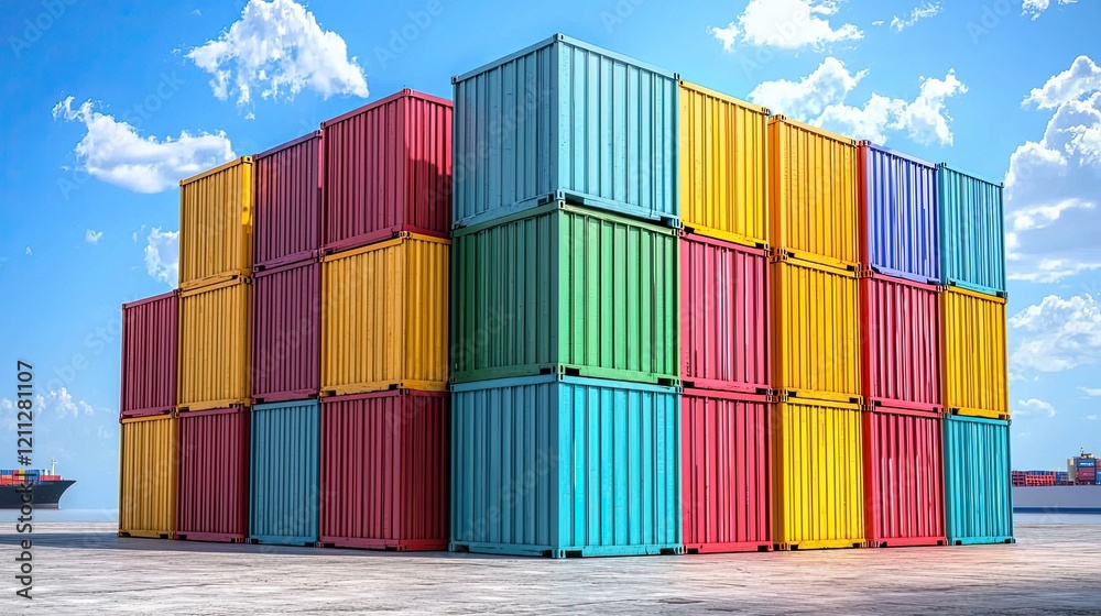 Fototapeta premium Stack of Cargo Containers at the docks for Logistic Import Export background
