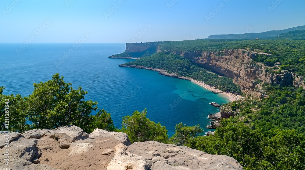 Fototapeta premium Dramatic Cliffside View Overlooking Rocky Beaches and Crystal Clear Waters on a Sunny Day