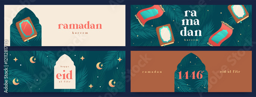 Ramadan Kareem horizontal banner, backgro, greeting cards set. Modern beautiful design in emerald green with islamic element, star and moon, mosque gate, Vector Illustration.