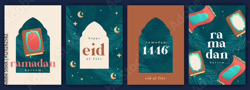 Ramadan Kareem greeting cards set, vertical banner, background. Modern beautiful design in emerald green with islamic element, star and moon, mosque gate, palm leaf, Vector Illustration.
