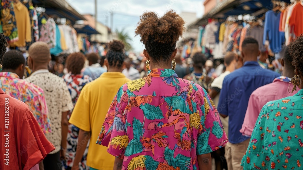 Woman in vibrant floral shirt amidst bustling market crowd Woman in vibrant floral shirt amidst bustling market crowd