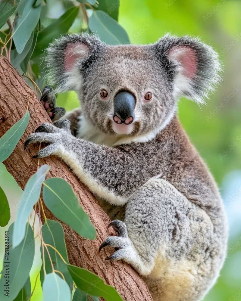 Naklejka premium A cute koala clings to a tree branch, surrounded by vibrant green leaves, showcasing its distinctive features and playful expression.