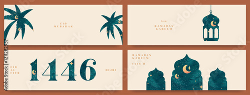 Ramadan Kareem Mosque Gate Backgrounds. Lantern, Moon and star, Palm tree, Modern Islamic greeting card template, poster, banner design. Vector illustration.