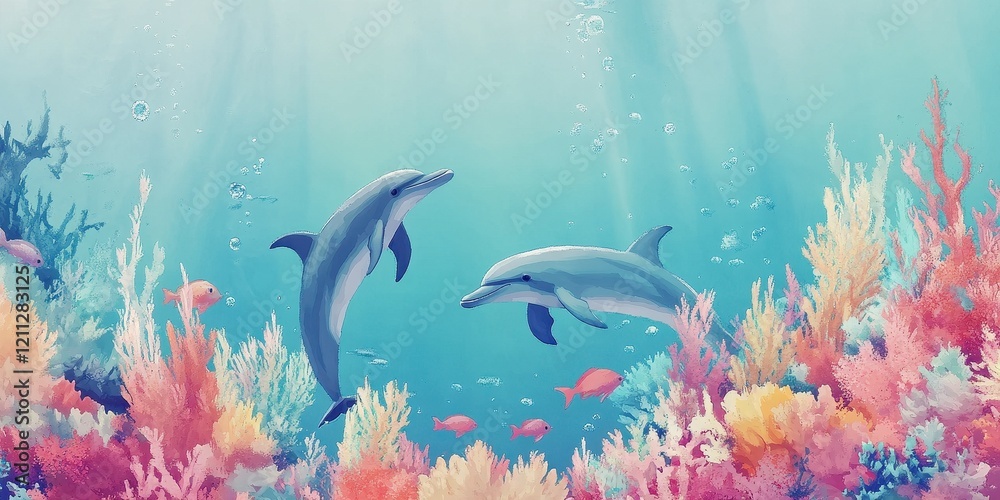 Fototapeta premium Two Dolphins Swim Gracefully Among Vibrant Coral Reefs