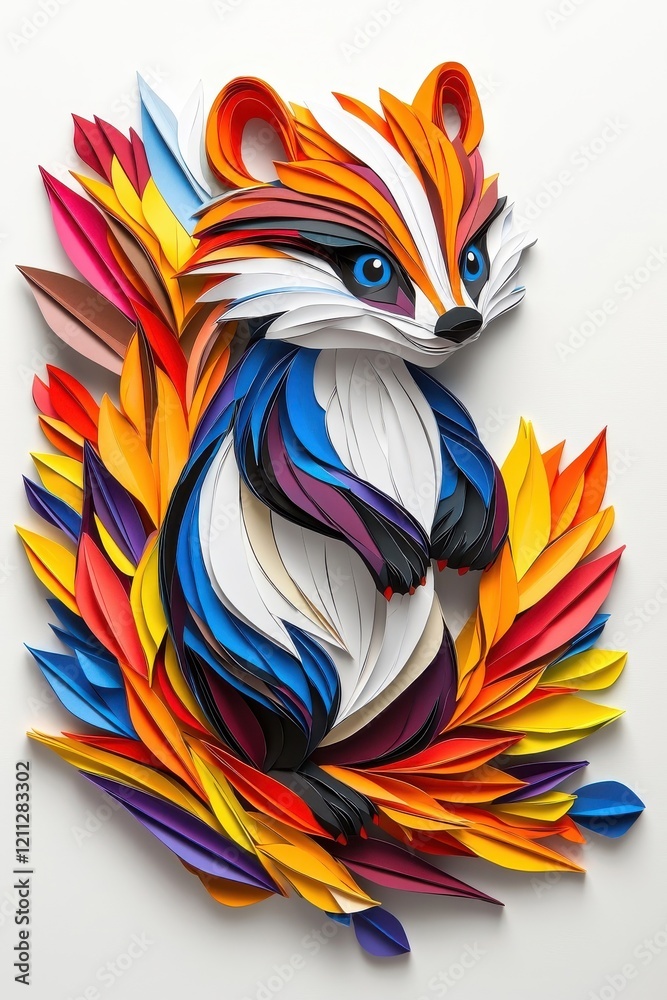 Obraz premium A multicolored paper art depiction of a skunk, isolate on white background, highlighting its unique features and habitat.