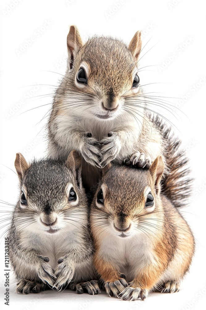 Fototapeta premium A family of squirrels, isolate on white background, illustrating their loving interactions and diverse personalities.