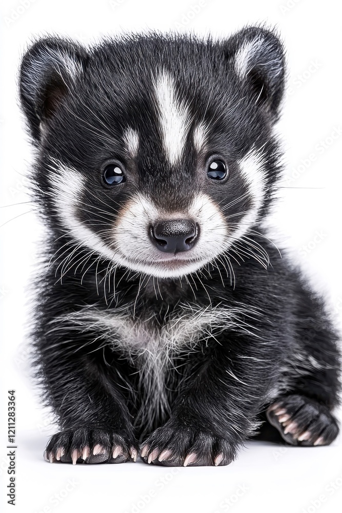 Obraz premium A baby skunk, isolate on white background, exuding cuteness with its tiny paws and fluffy fur.