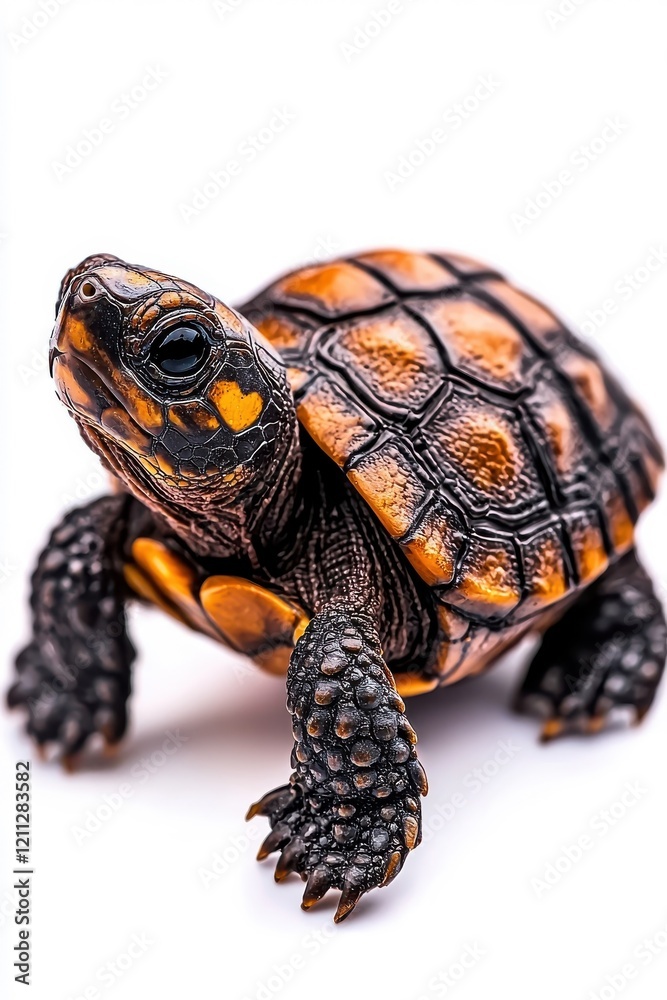 A baby turtle, isolate on white background, radiating cuteness with its tiny size and big eyes. A baby turtle, isolate on white background, radiating cuteness with its tiny size and big eyes.