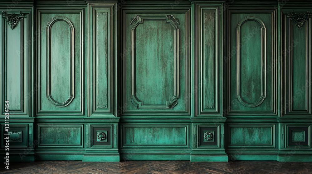 dark teal and emerald green wood paneling with luxurious distressed wainscoting for classic home interior design