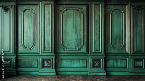 Obraz na płótnie dark teal and emerald green wood paneling with luxurious distressed wainscoting for classic home interior design w salonie