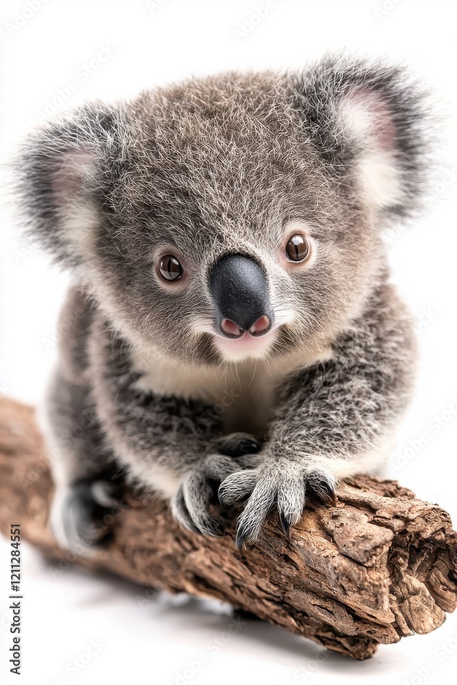Fototapeta premium A baby koala, isolate on white background, displaying its small size and cute demeanor.