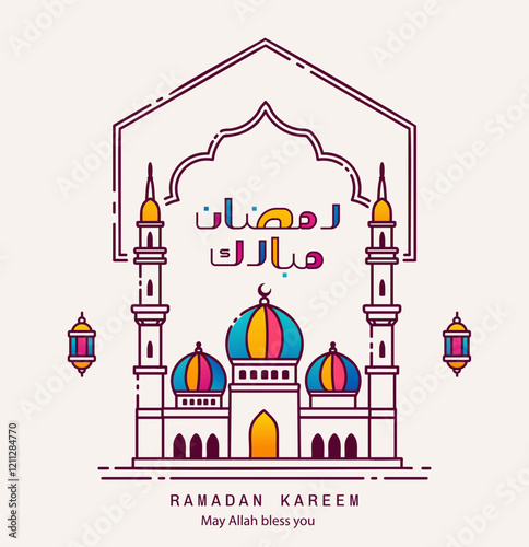 Ramadan kareem arabic calligraphy with mosque line art design