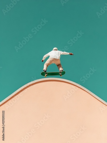 Contemporary Urban Sports Visual Dynamic Skateboarder Mid-Stunt on Minimalist Ramp - Youthful Energy and Skill in Action Sports Marketing and Modern Lifestyle Content photo