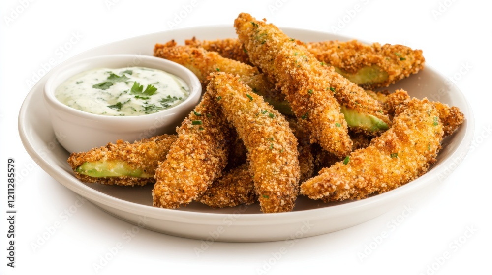 A plate of crispy avocado fries with a golden panko crust and a side of creamy cilantro lime dipping sauce, Each fry’s creamy interior and crunchy exterior captured with precision A plate of crispy avocado fries with a golden panko crust and a side of creamy cilantro lime dipping sauce, Each fry’s creamy interior and crunchy exterior captured with precision