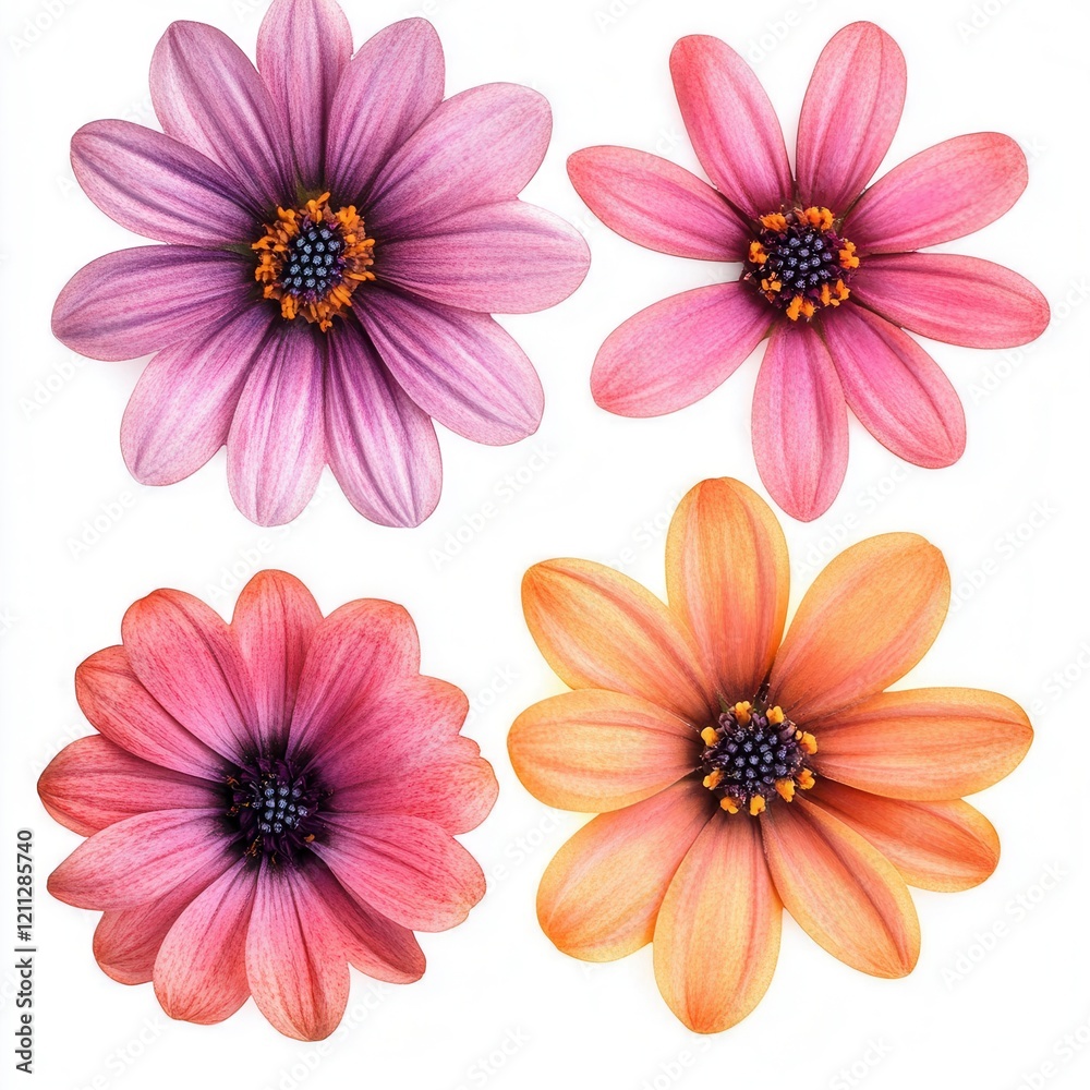 Obraz premium Four osteospermum flowers, white background, design element