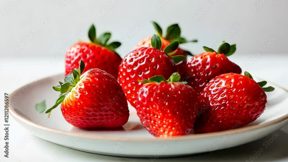 A plate with a bunch of red strawberries on it. The strawberries are all different sizes and are placed in a row