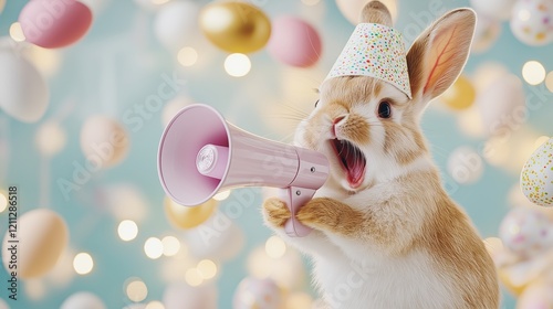 A playful rabbit wearing a colorful party hat and holding a pastel megaphone, surrounded by festive Easter-themed decorations in soft-focus pastel colors