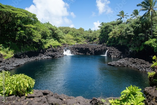 Serene Tropical Oasis with Black Lava Rocks Surrounded by Lush Greenery and Palm Trees under a Clear Blue Sky in a Stunning Hawaiian Landscape
