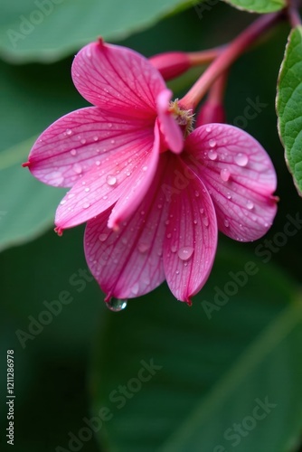 Water drops falling from the petals of a pink Nyctaginaceae plant, botanicals, fall