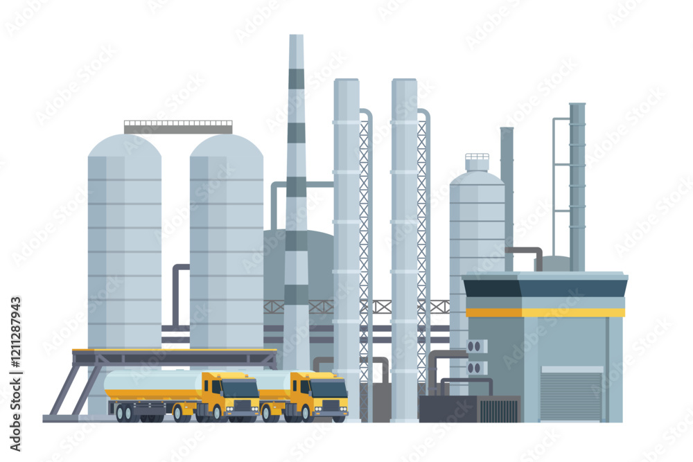 Obraz premium Oil Refinery Building Vector Illustration. Editable Chemical Factory Design with Modular Industrial Elements