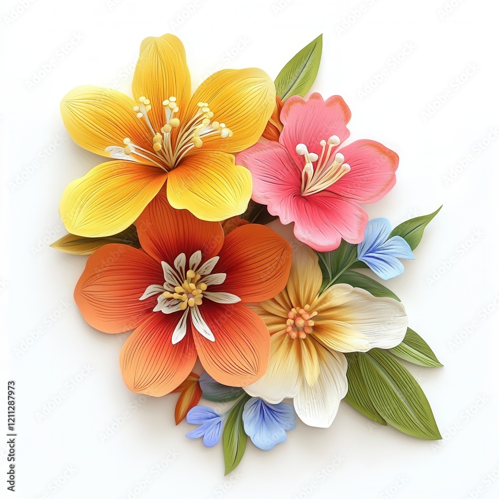Obraz premium Paper flowers bouquet, vibrant, white backdrop, greeting card