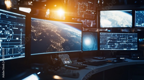 High-resolution satellite imaging control room, command center with monitors displaying Earth's surface, Space exploration style