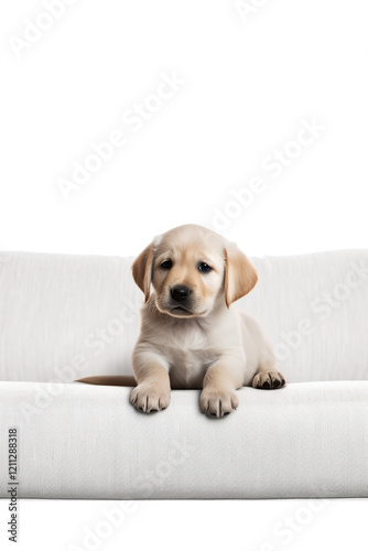 cute puppy is sitting on the sofa on a white background