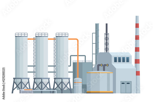 Oil Refinery Building Vector Illustration. Editable Chemical Factory Design with Modular Industrial Elements