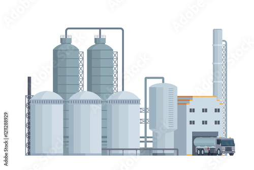Oil Refinery Building Vector Illustration. Editable Chemical Factory Design with Modular Industrial Elements